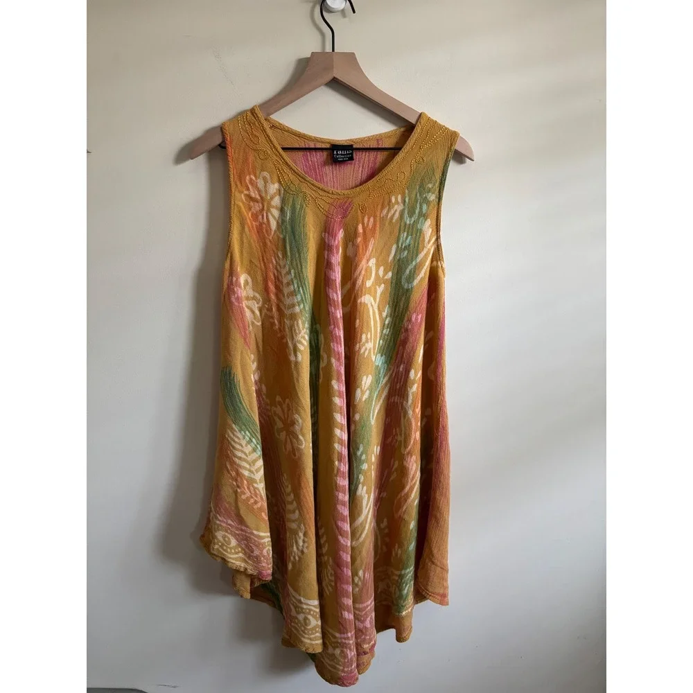 Rams Collection Batik Floral Tunic Top Yellow Pink Green Handkerchief Hem OS